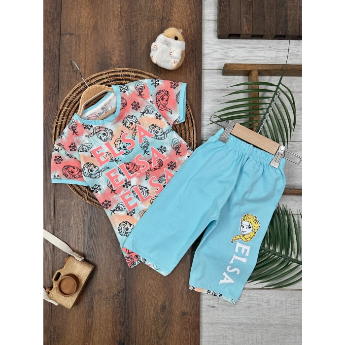 MAVI RENK  KISA  KOLLU BİSİKLET YAKA BELİ LASTİKLİ 2 PARÇA KIZ  BEBEK ALT ÜST TAKIM