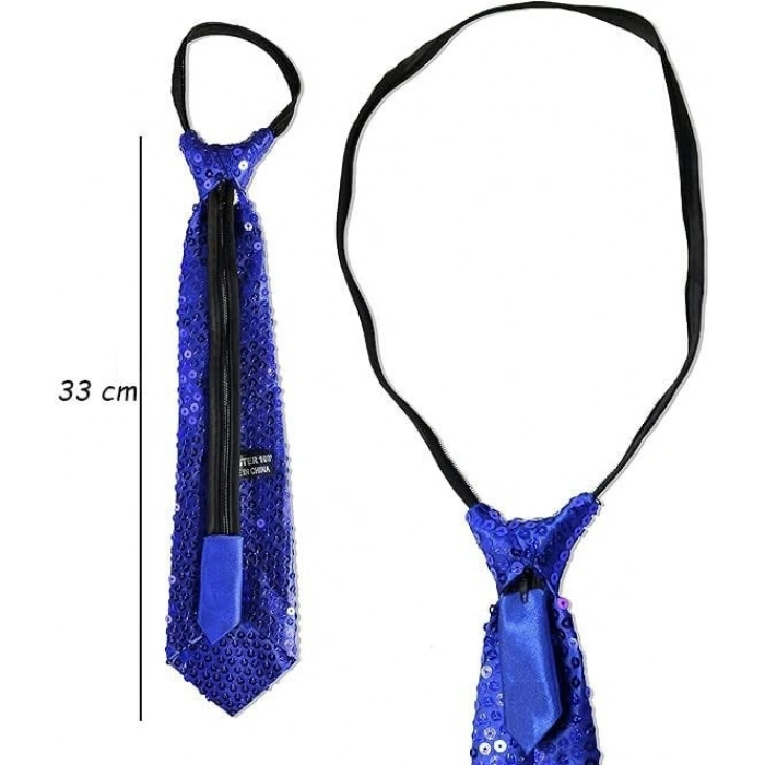Mavi Renk Pul Payetli Işıltılı Parti Kravatı 33 cm