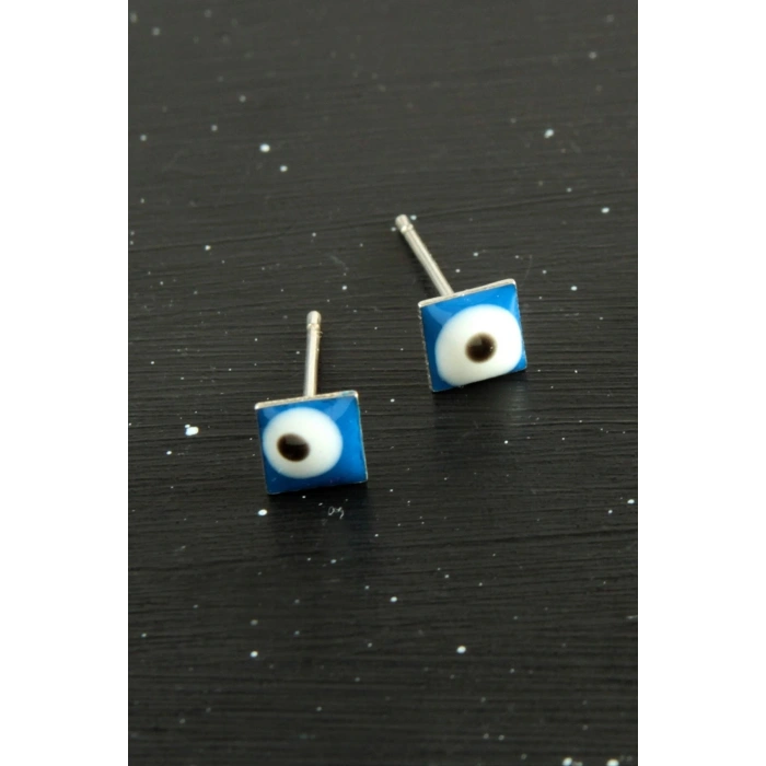 Mavi Renkli Kare Nazar Mineli Minik Küpe 1 Çift