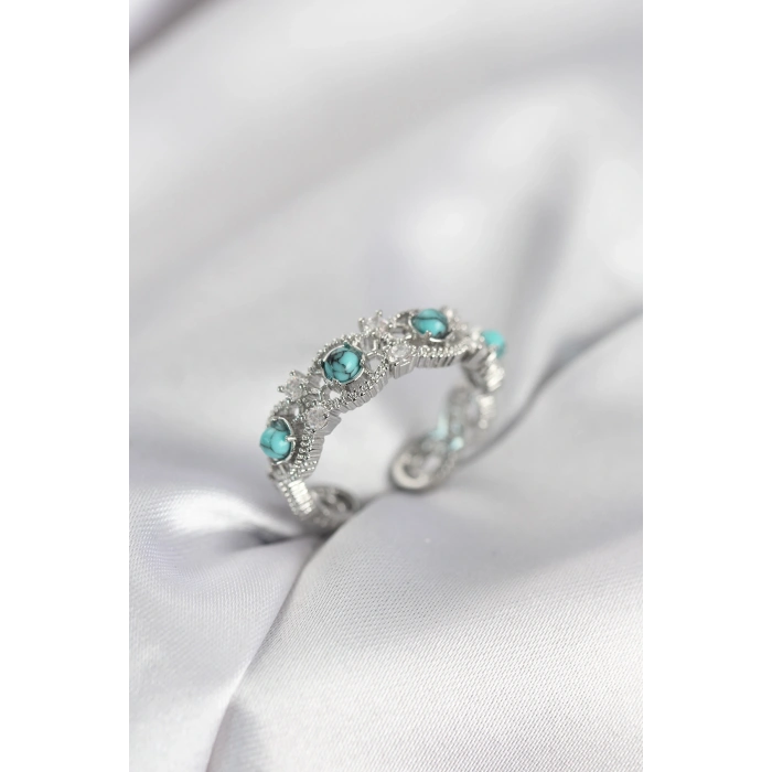 Mavi Taşlı Gümüş Renk Vintage Kadın Yüzük - TJ-BYK4140