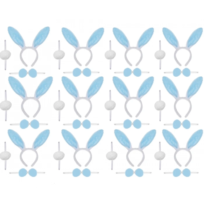 Mavi Tavşan Kostüm Seti – Taç Papyon Ponpon 12 li Paket