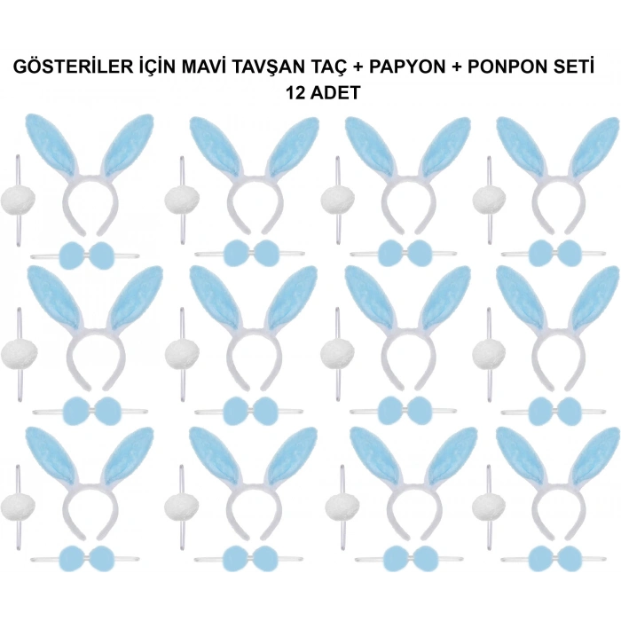 Mavi Tavşan Kostüm Seti – Taç, Papyon, Ponpon (12’li Paket) (4887)
