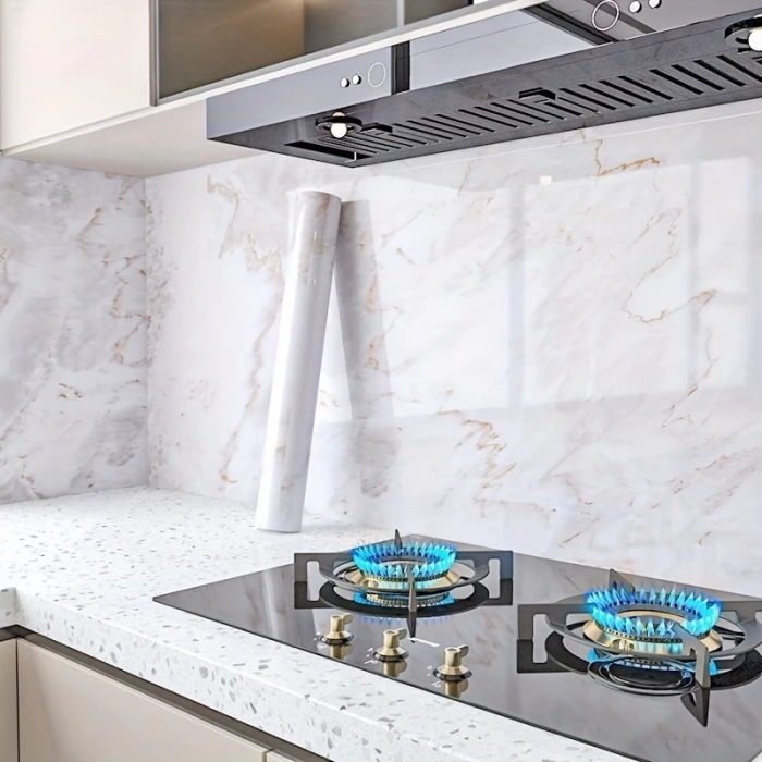 Mermer Desenli Mutfak Duvar Kağıdı Sticker - 5mx60cm Su Geçirmez, Yağa Dayanıklı, Yüksek Sıcaklığa Dayanıklı Tezgah, Dolap, Ocak Yenileme Folyosu T04