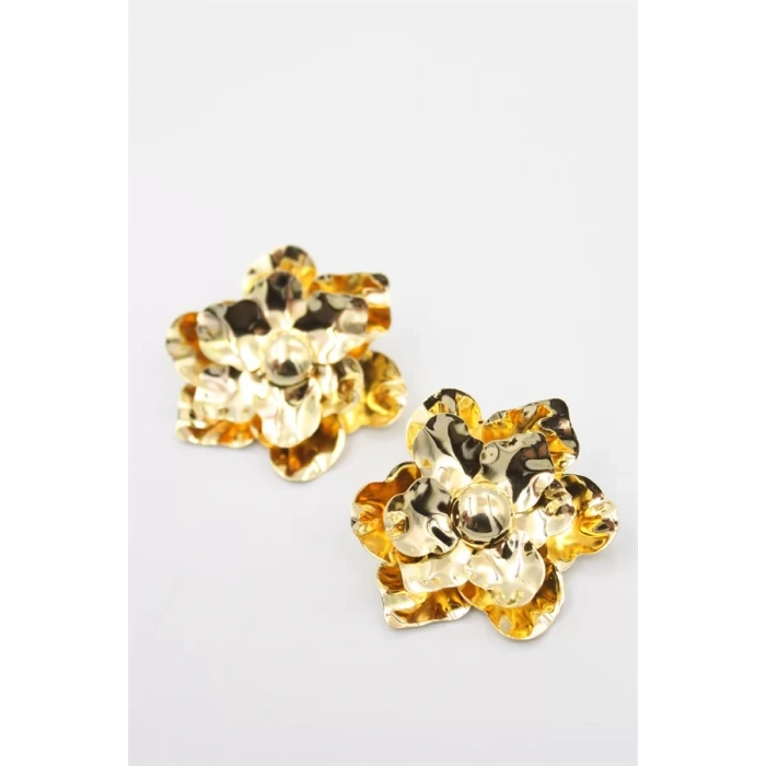 Metal Çiçek Küpe - Altın