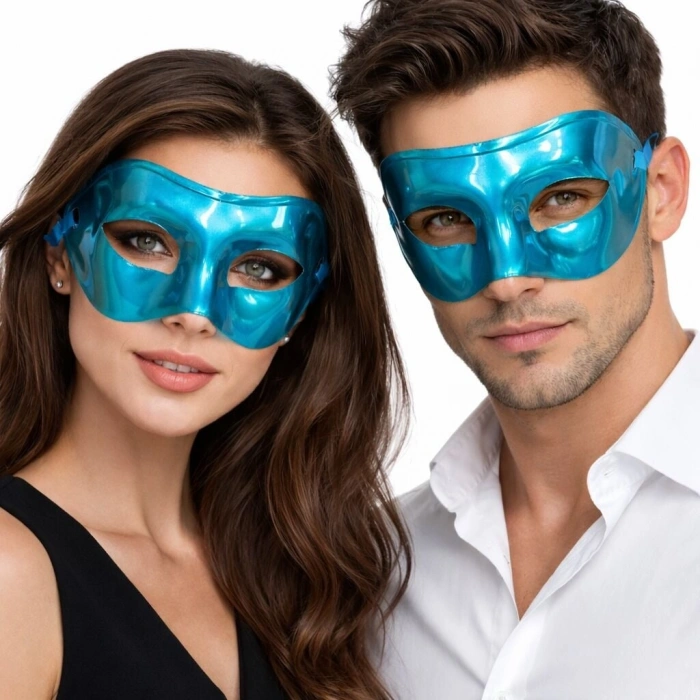 Metalize Parlak Parti Maskesi Turkuaz Mavi Renk 16x7 cm