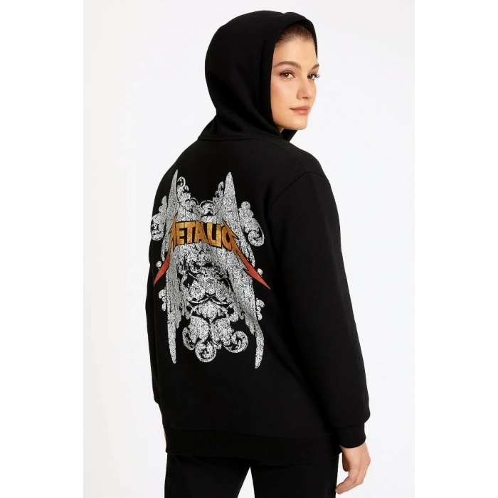 Metallica İki İplik Kapüşonlu Ön ve Arka Baskılı hoodie - Siyah -
