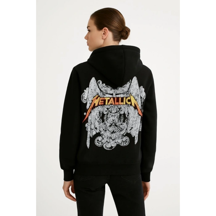 Metallica İki İplik Kapüşonlu Ön ve Arka Baskılı hoodie - Siyah -
