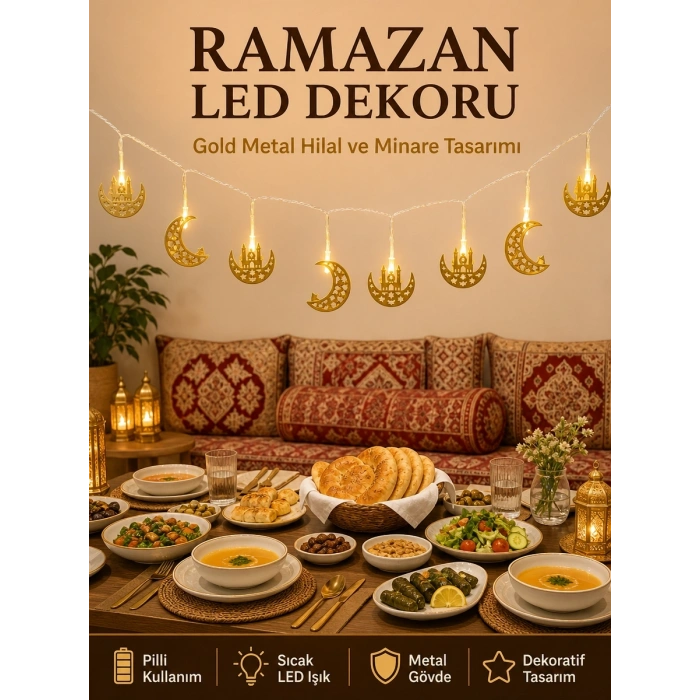 Minareli Hilal Led Işık Gold Metal Gövdeli Pilli Ramazan Dekoru