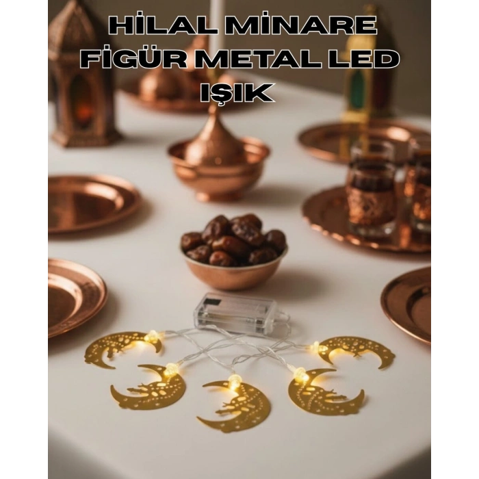 Minareli Hilal Led Işık Gold Metal Gövdeli Pilli Ramazan Dekoru