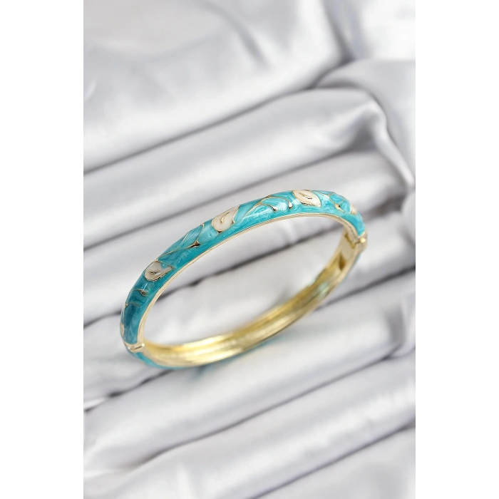 Mineli Pirinç Krem Ve Turkuaz Yaprak Motifli Gold Renk Kadın Kelepçe - TJ-BB7421