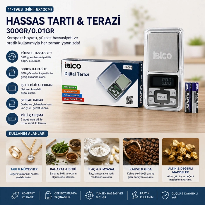 MİNİ=6X12CM HASSAS TARTI - TERAZİ 300GR/0.01GR ŞEFFAF PLS.KAPAKLI - PİLLİ= 2PCS İNCE (4887)