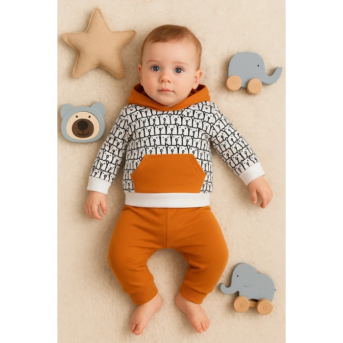 Minik Ayıcıklar Desenli 2li % 100 Pamuk Erkek Bebek Takımı