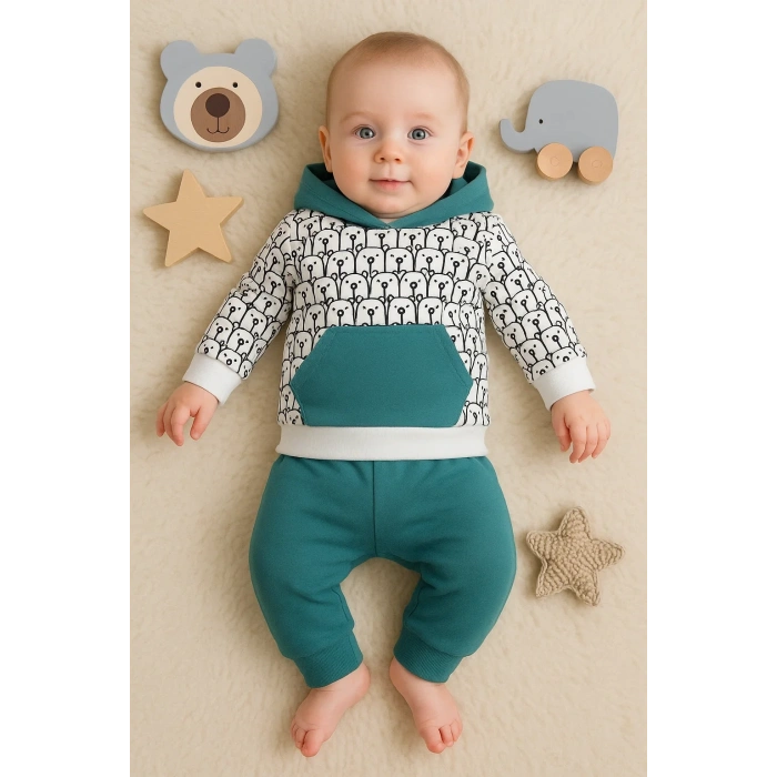 Minik Ayıcıklar Desenli 2li % 100 Pamuk Erkek Bebek Takımı