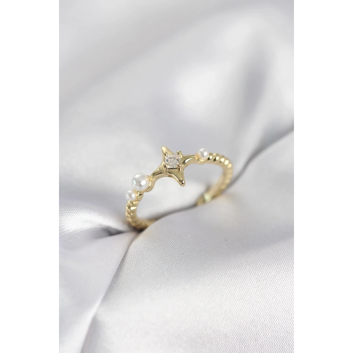 Minimal Kutup Yıldızı Model Zirkon Taşlı Gold Renk Kadın Yüzük - TJ-BYK4127