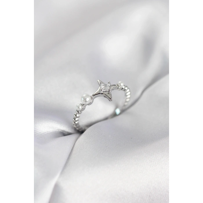 Minimal Kutup Yıldızı Model Zirkon Taşlı Gümüş Renk Kadın Yüzük - TJ-BYK4126