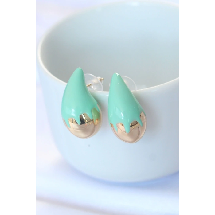 Minimal Turkuaz Mineli Çift Renk Damla Küpe - TJ-BKP8867