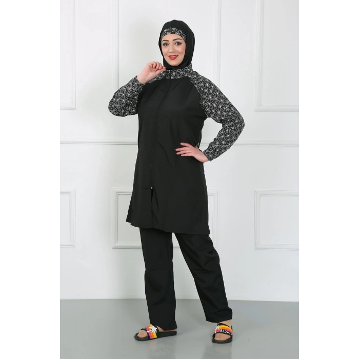 MİRAY- Büyük Beden Desenli Tesettür Mayo Siyah