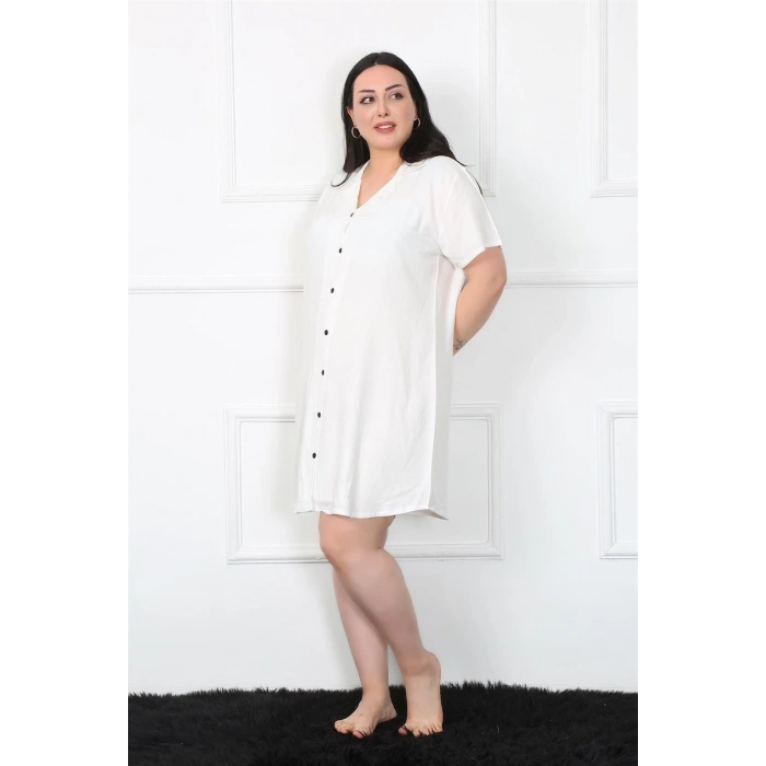 MİRAY- Büyük Beden Dokuma Düğmeli Beyaz Tunik Gecelik