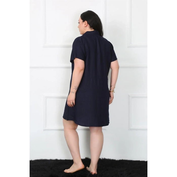MİRAY- Büyük Beden Dokuma Düğmeli Lacivert Tunik Gecelik