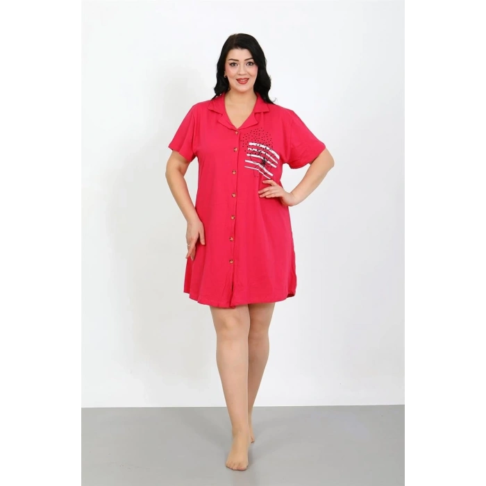 MİRAY- Büyük Beden Penye Düğmeli Fuşya Tunik Gecelik
