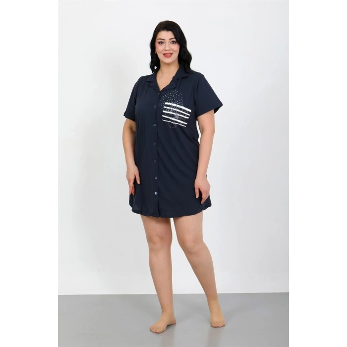 MİRAY- Büyük Beden Penye Düğmeli Lacivert Tunik Gecelik