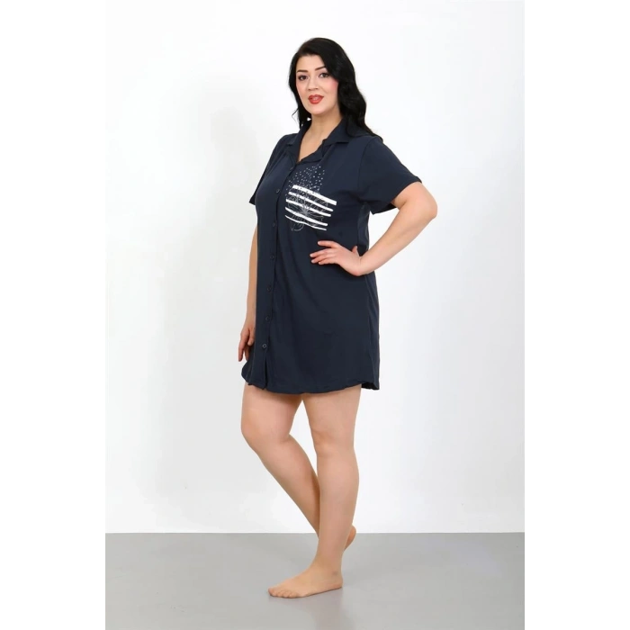 MİRAY- Büyük Beden Penye Düğmeli Lacivert Tunik Gecelik