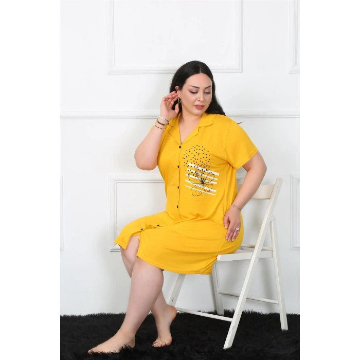 MİRAY- Büyük Beden Penye Düğmeli Sarı Tunik Gecelik