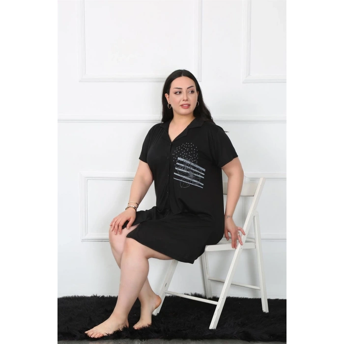 MİRAY- Büyük Beden Penye Düğmeli Siyah Tunik Gecelik