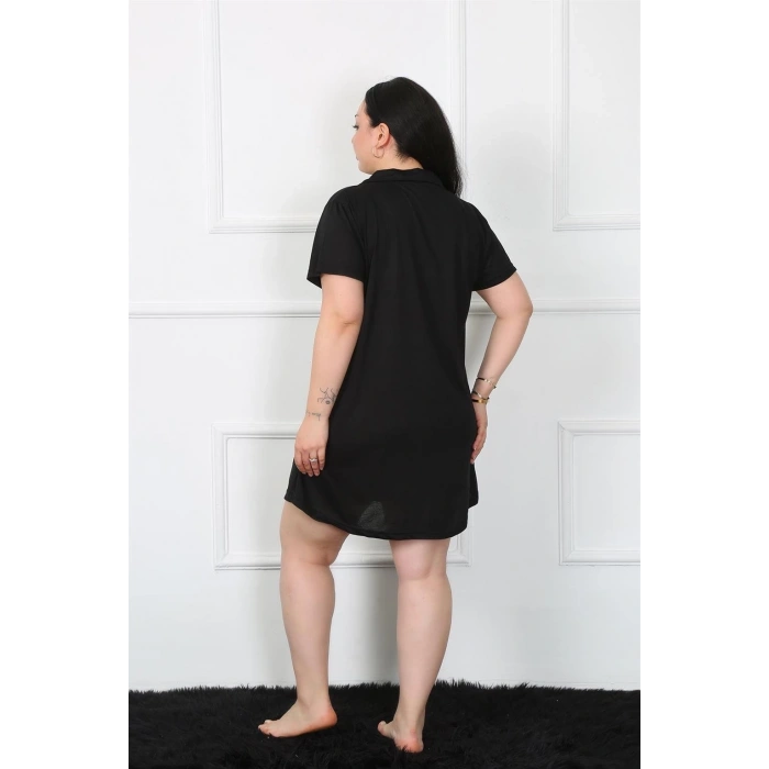 MİRAY- Büyük Beden Penye Düğmeli Siyah Tunik Gecelik