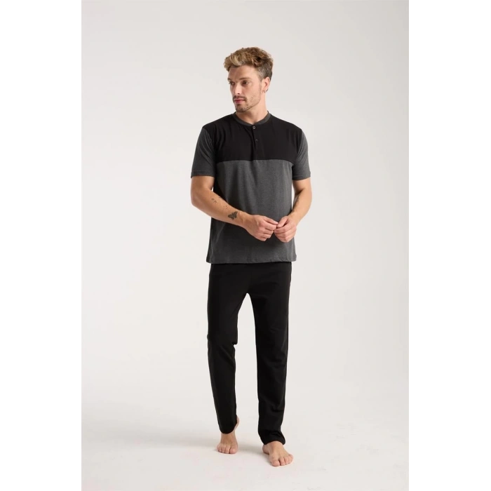 MİRAY- Erkek Antrasit Düğmeli Yaka Kısa Kol Pijama Takımı