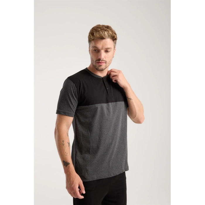 MİRAY- Erkek Antrasit Düğmeli Yaka Kısa Kol Pijama Takımı