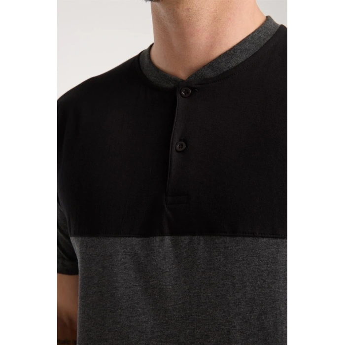 MİRAY- Erkek Antrasit Düğmeli Yaka Kısa Kol Pijama Takımı