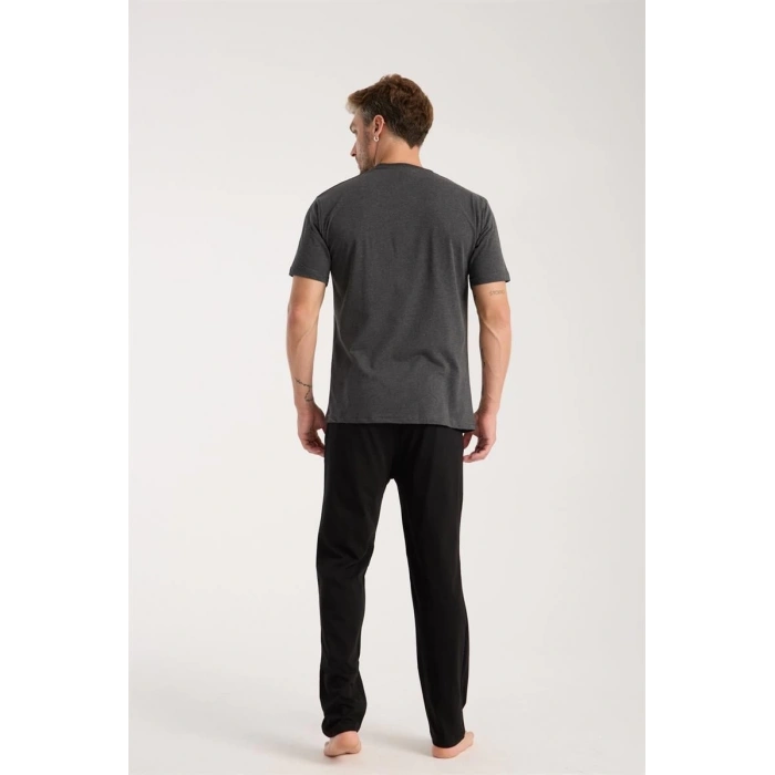 MİRAY- Erkek Antrasit Düğmeli Yaka Kısa Kol Pijama Takımı
