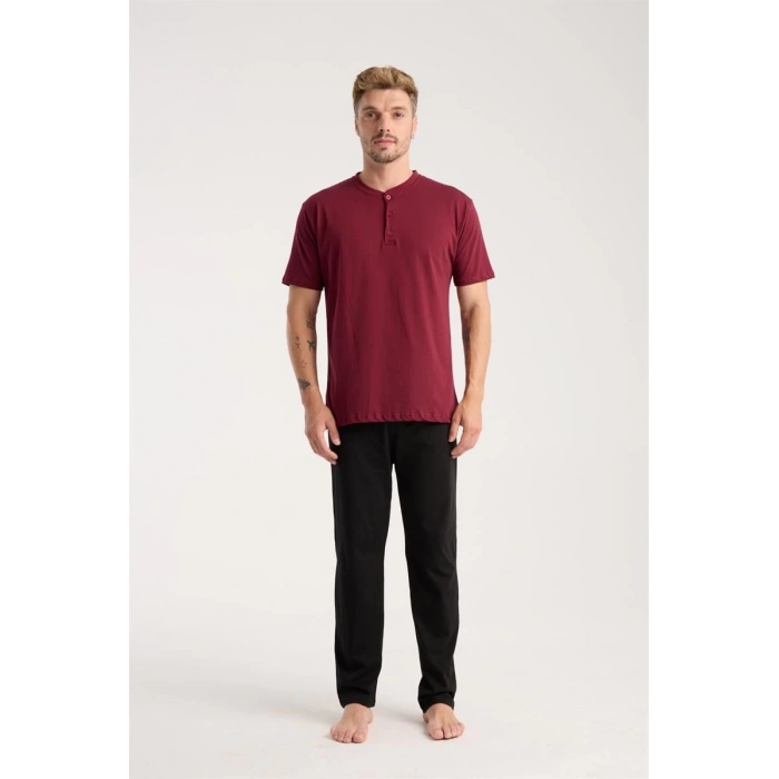 MİRAY- Erkek Bordo Düğmeli Yaka Kısa Kol Pijama Takımı