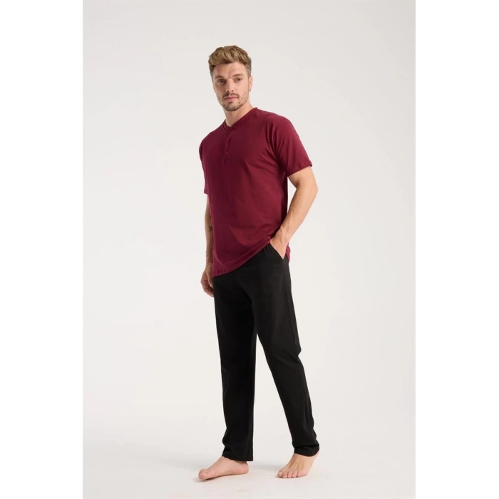 MİRAY- Erkek Bordo Düğmeli Yaka Kısa Kol Pijama Takımı