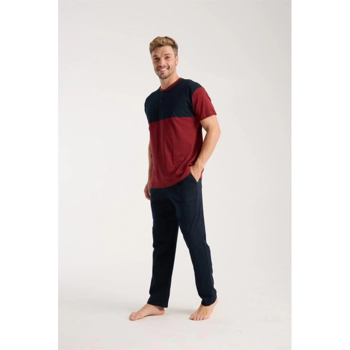 MİRAY- Erkek Bordo Düğmeli Yaka Kısa Kol Pijama Takımı