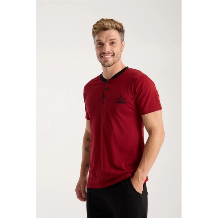 MİRAY- Erkek Bordo Düğmeli Yaka Kısa Kol Pijama Takımı