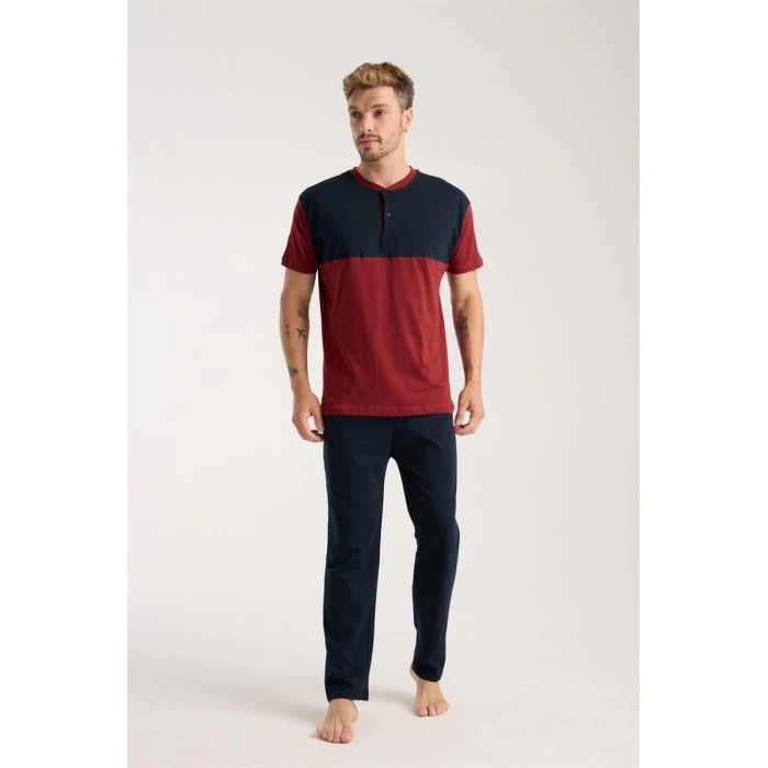 MİRAY- Erkek Bordo Düğmeli Yaka Kısa Kol Pijama Takımı