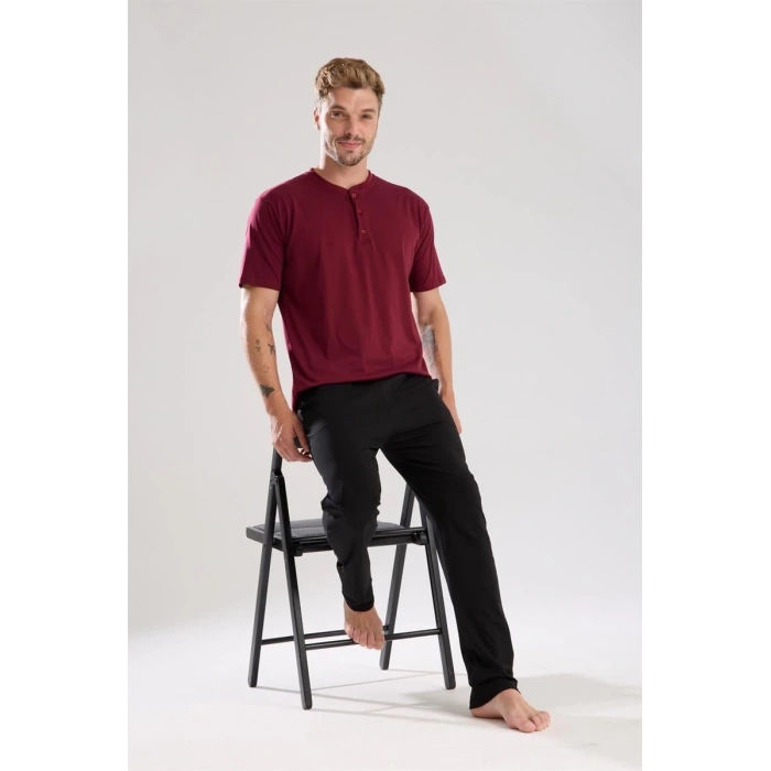 MİRAY- Erkek Bordo Düğmeli Yaka Kısa Kol Pijama Takımı