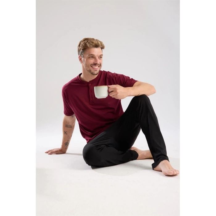 MİRAY- Erkek Bordo Düğmeli Yaka Kısa Kol Pijama Takımı