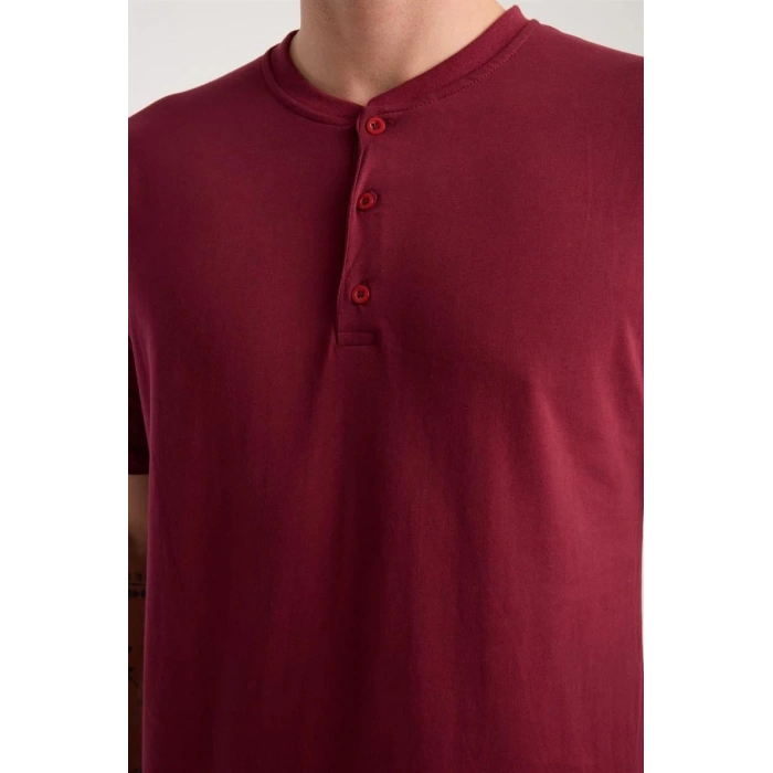 MİRAY- Erkek Bordo Düğmeli Yaka Kısa Kol Pijama Takımı