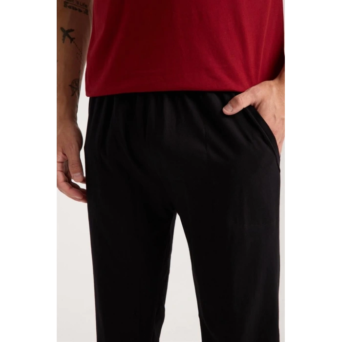 MİRAY- Erkek Bordo Düğmeli Yaka Kısa Kol Pijama Takımı