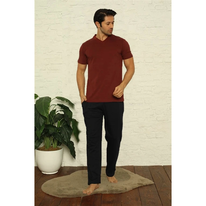 MİRAY- Erkek Bordo V Yaka 3lü Pijama Takım