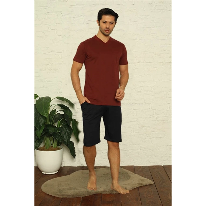 MİRAY- Erkek Bordo V Yaka 3lü Pijama Takım