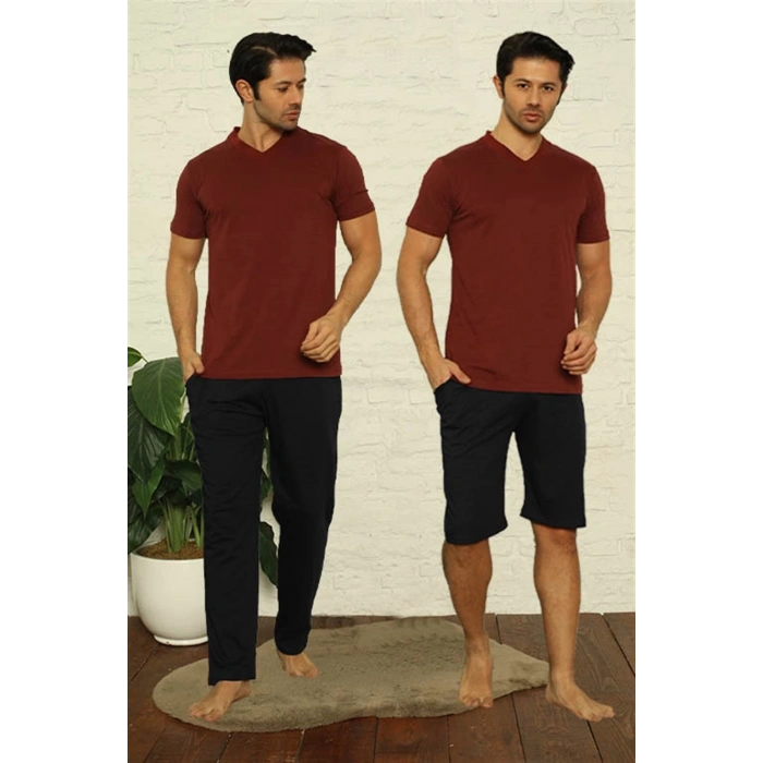 MİRAY- Erkek Bordo V Yaka 3lü Pijama Takım