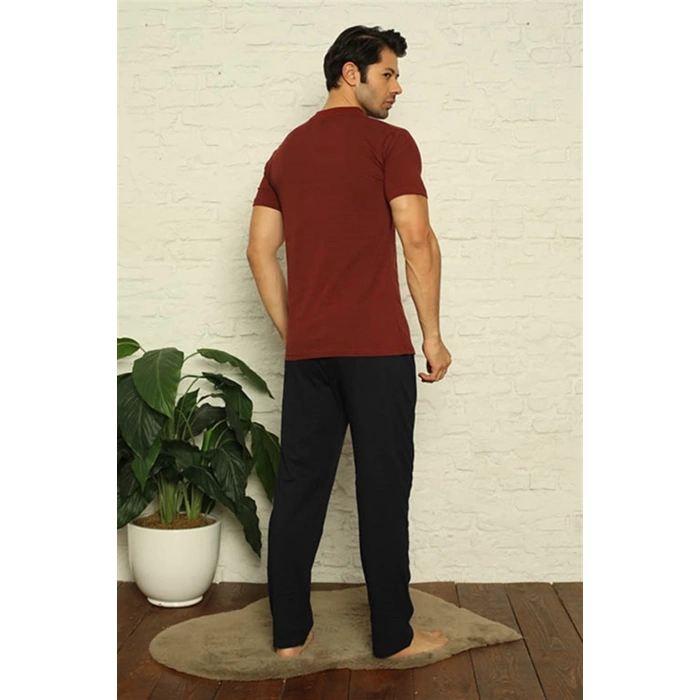 MİRAY- Erkek Bordo V Yaka 3lü Pijama Takım