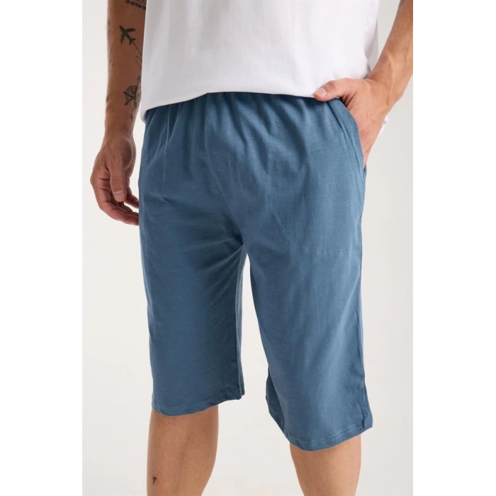 MİRAY- Erkek Cepli Pamuk Penye Şort İndigo