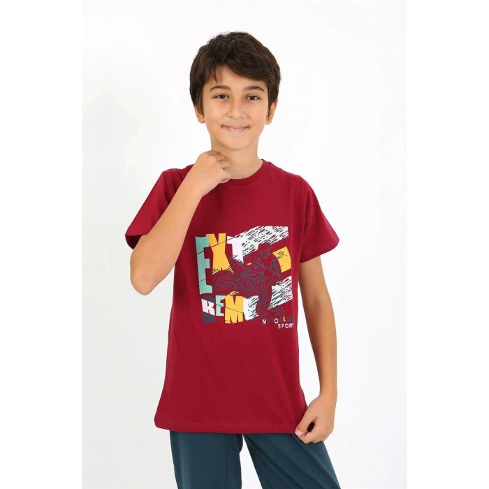 MİRAY- Erkek Çocuk Kısa Kol Penye Pijama Takım Bordo