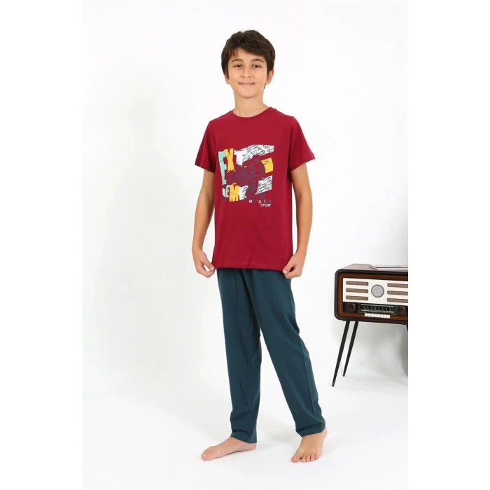 MİRAY- Erkek Çocuk Kısa Kol Penye Pijama Takım Bordo