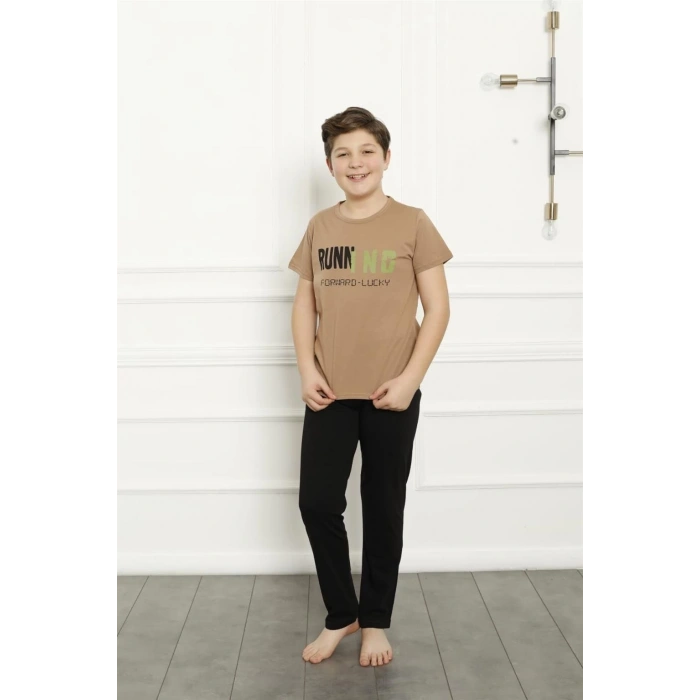 MİRAY- Erkek Çocuk Pamuk Kısa Kollu Pijama Takımı Kahve